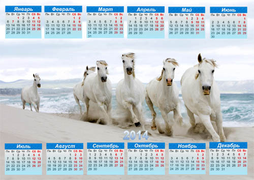Календарь на 2014 год - Красивые лошади на пляже